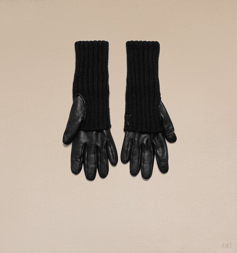 Ami Paris Long Knit And Cuero Gloves Negros | GXGB6876