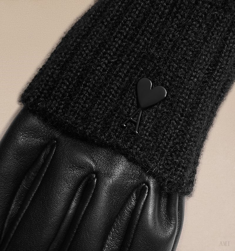 Ami Paris Long Knit And Cuero Gloves Negros | GXGB6876