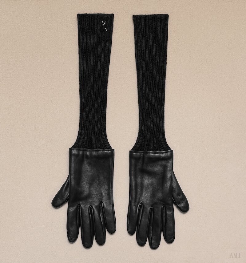 Ami Paris Long Knit And Cuero Gloves Negros | GXGB6876