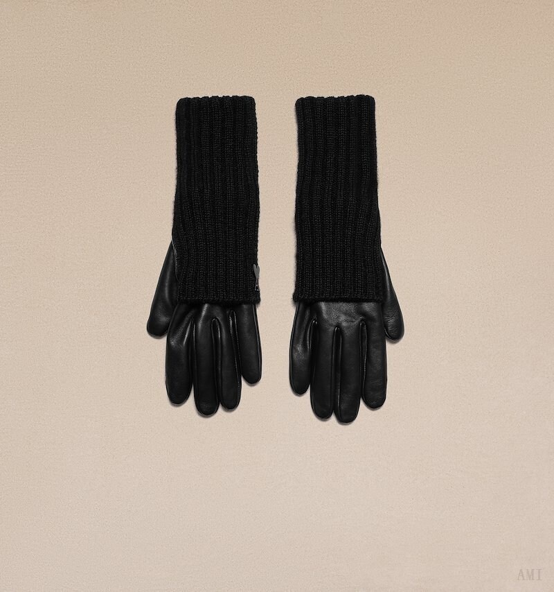 Ami Paris Long Knit And Cuero Gloves Negros | GXGB6876