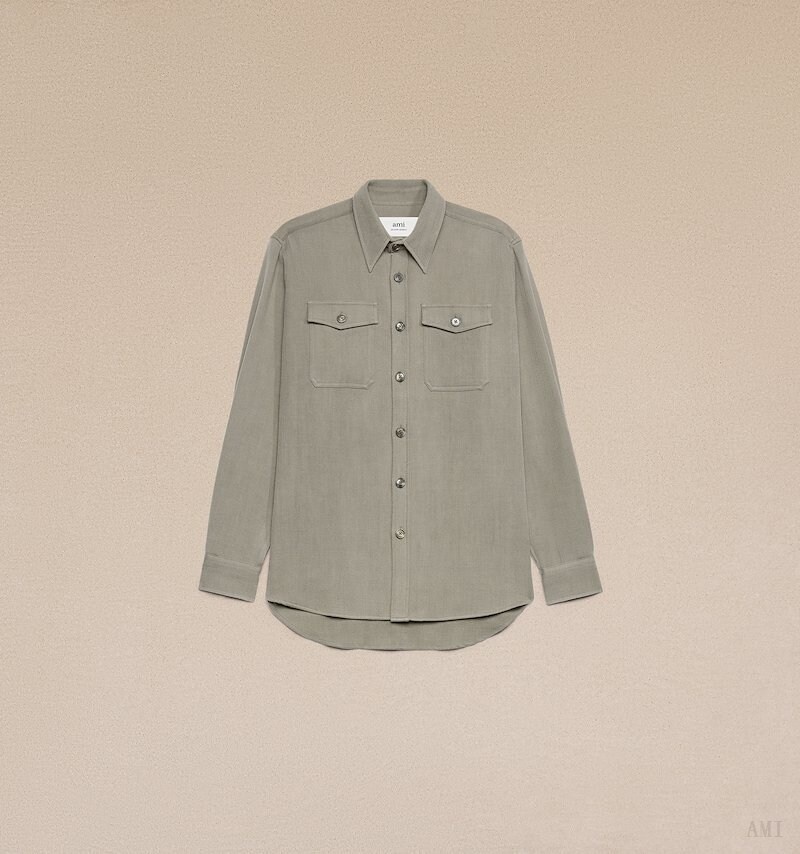 Ami Paris Overshirt With Chest Pocket Grises Marrom | OWLD5554