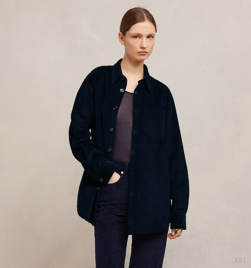 Ami Paris Oversize Overshirt With Patch Pocket Azules | RXKJ7350