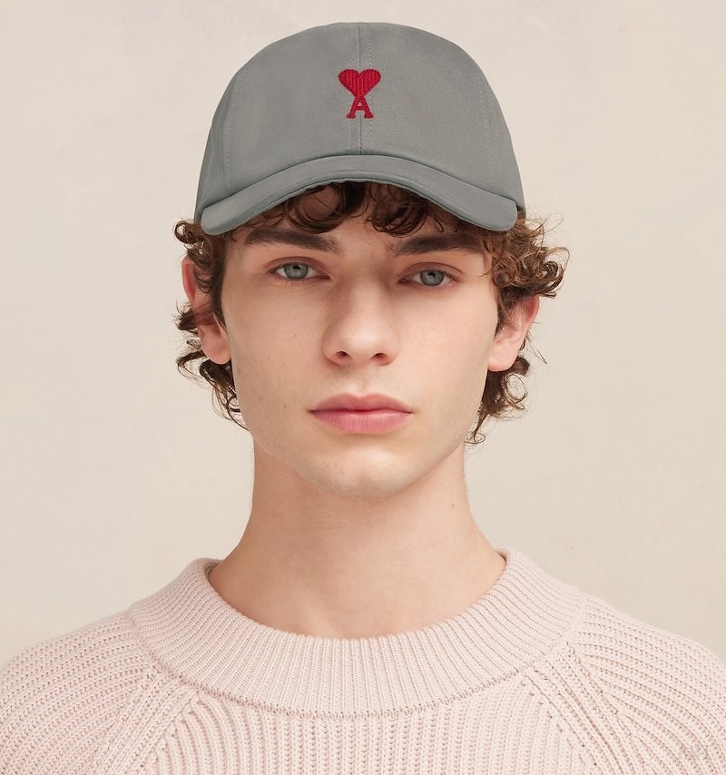 Ami Paris Red Ami De Coeur Embroidery Cap Grises | RAXC9503