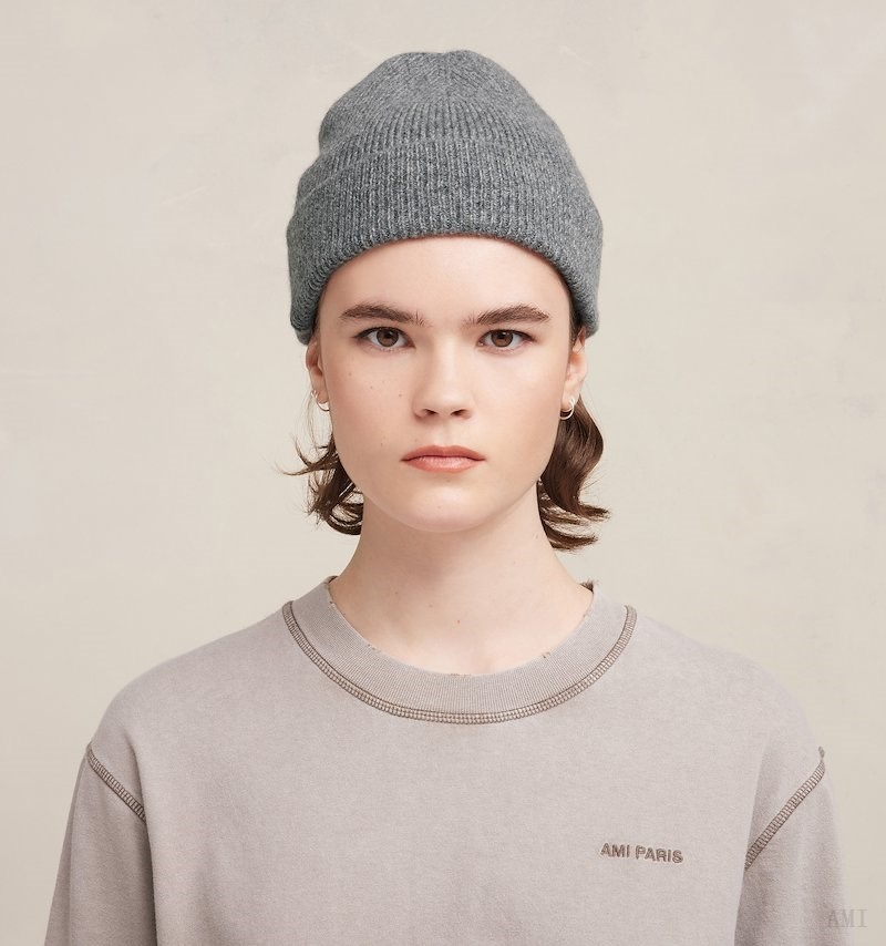 Ami Paris Tonal Ami De Coeur Beanie Grises | WADV4139